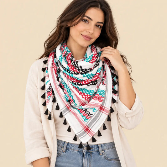 White Palestinian Keffiyeh Scarf with colorful heritage patterns - Keffiyeh - Al-Turath