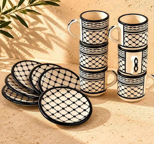 Palestinian Kuffia Coffee Cups Set of 6 – Cylinder Ceramic Cups with Handles & Plates (6×6×7 cm) for Arabic Coffee