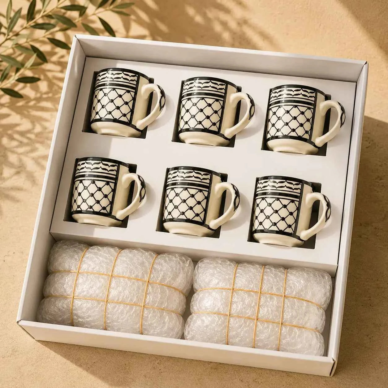Palestinian Kuffia Coffee Cups Set of 6 – Cylinder Ceramic Cups with Handles & Plates (6×6×7 cm) for Arabic Coffee