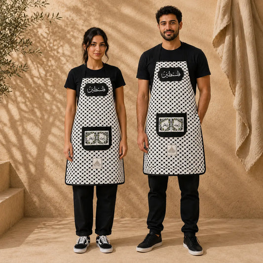 Two people wearing black and white checkered aprons with Arabic text against a beige wall.