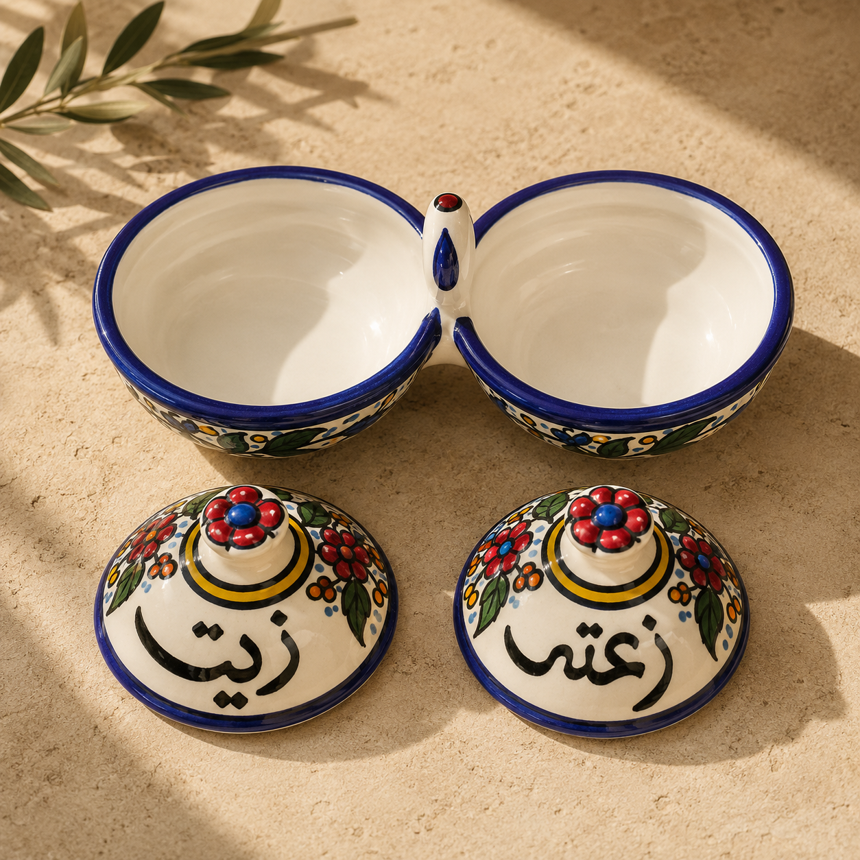 Zait & Zaatar Ceramic Dish Set with Lids 23×10×10 cm – Olive Oil & Zaatar Dipping Bowls