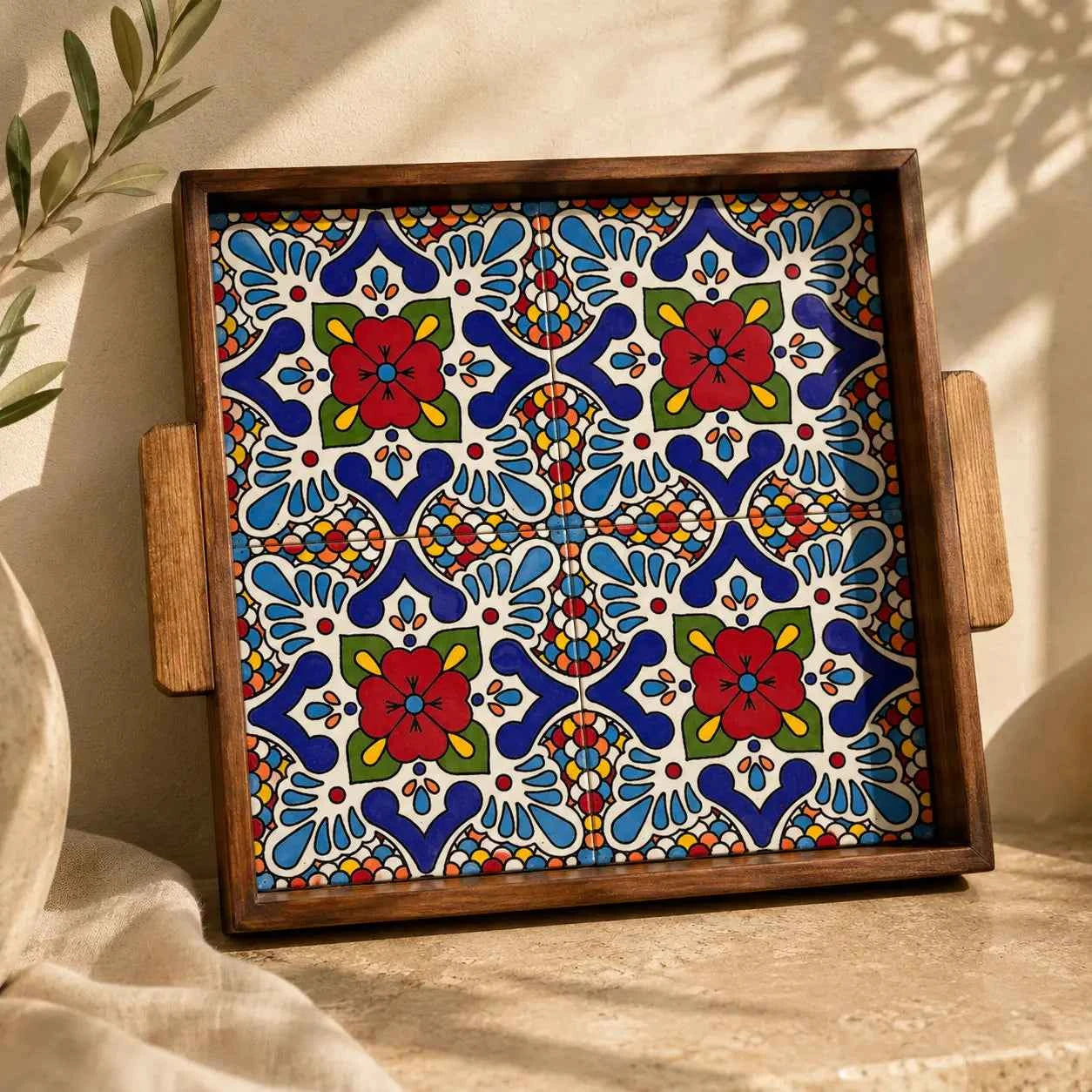 Palestinian Food Tray Square 30×30×3 cm – Handmade Ceramic Serving Tray & Party Platter