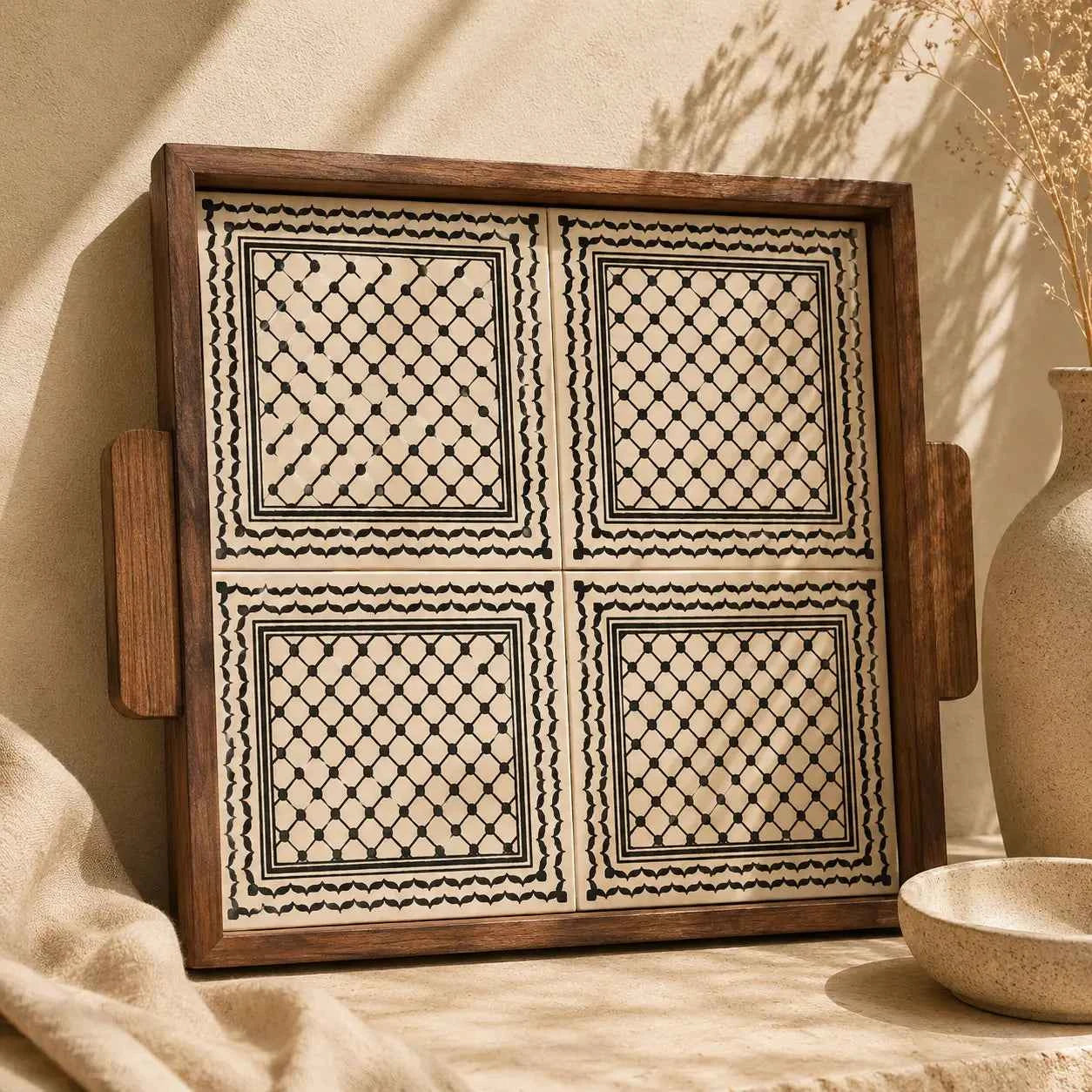 Palestinian Food Tray Square 30×30×3 cm – Handmade Ceramic Serving Tray & Party Platter