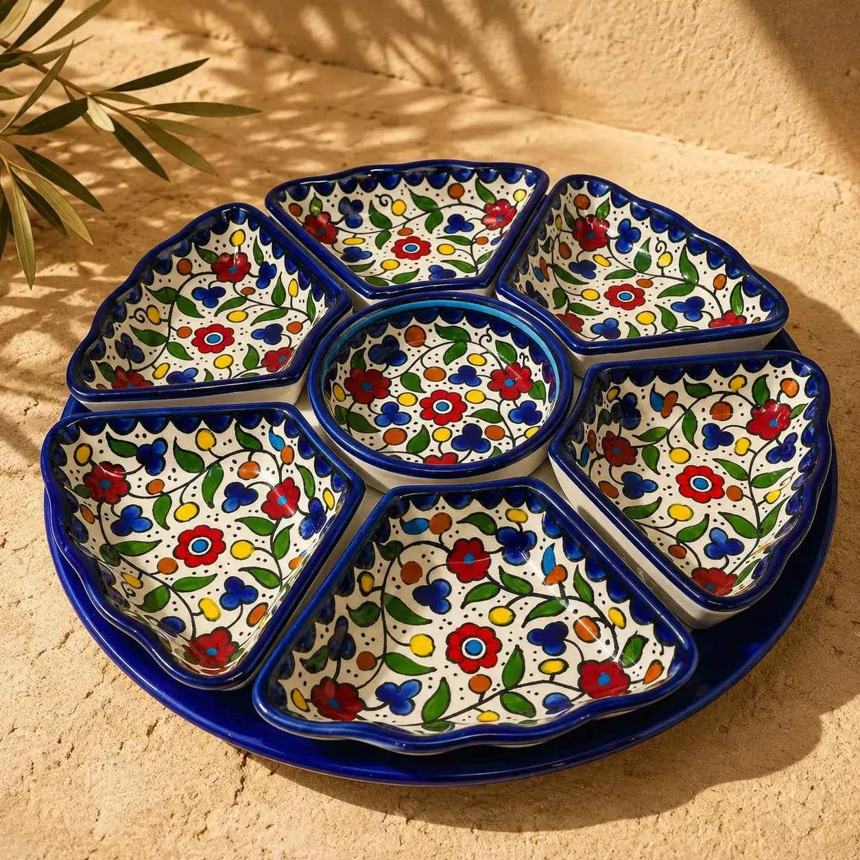 Palestinian Nuts Tray – Handmade Ceramic Serving Platter with Multi Compartments & Decorative Centerpiece