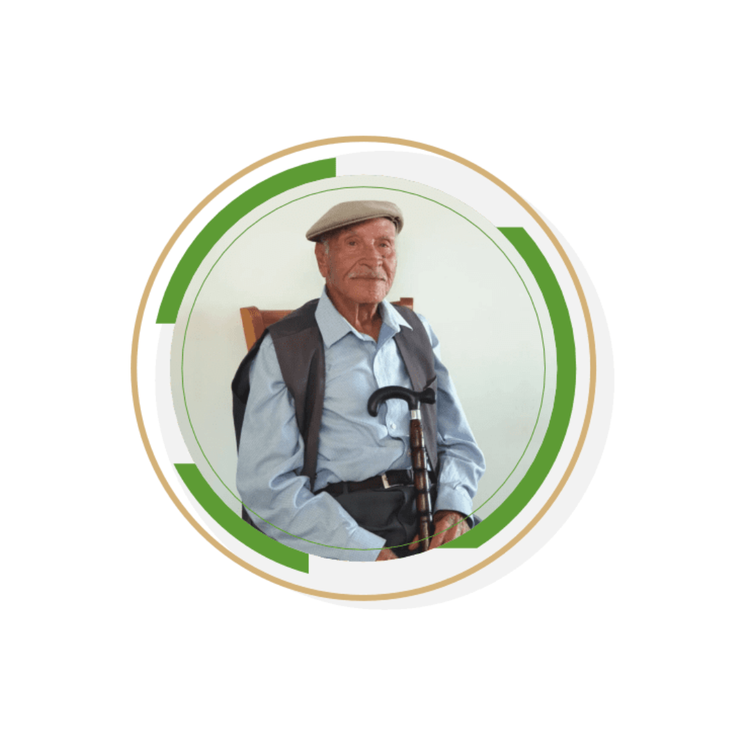 Circular image of an elderly man with a walking stick on a white background