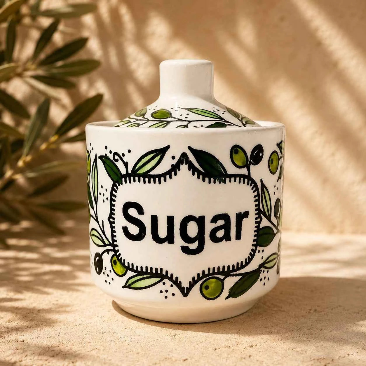 Handmade Olive Branch Ceramic Pot with Lid – Storage Jar, Canister & Kitchen Container