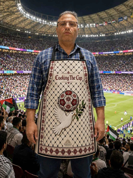Palestinian Tatreez Apron | Cooking the Cup Heritage Kitchen Apron with Kufiya & Football Design