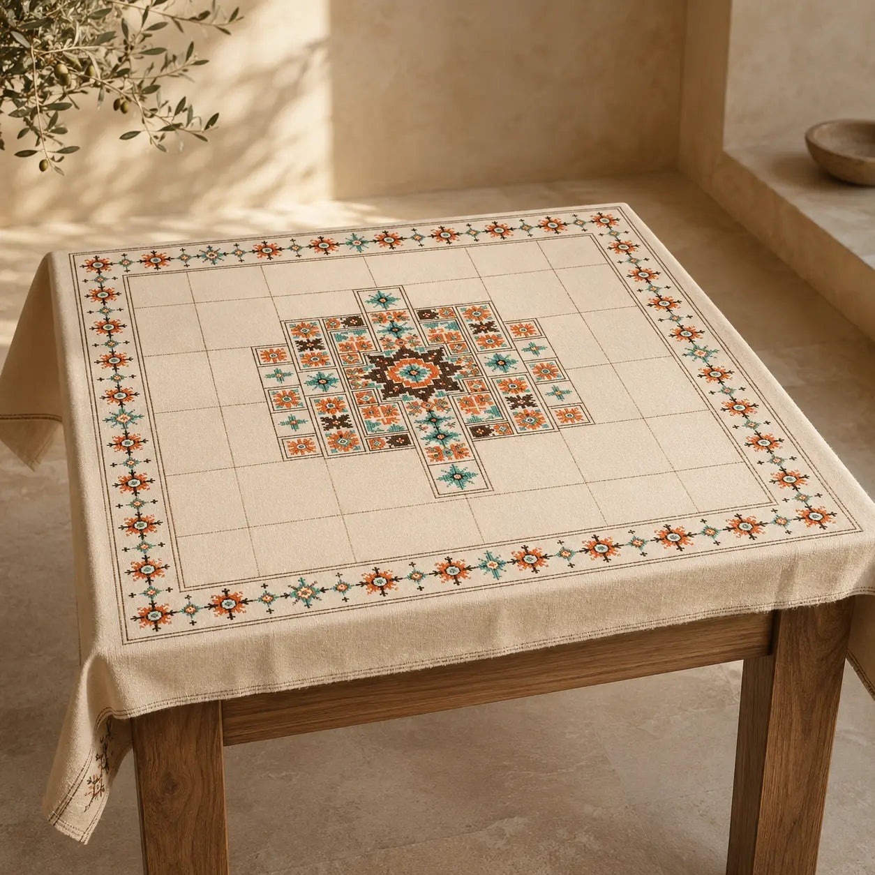Handmade Palestinian Tatreez Tablecloth –  Table Cover 90 cm