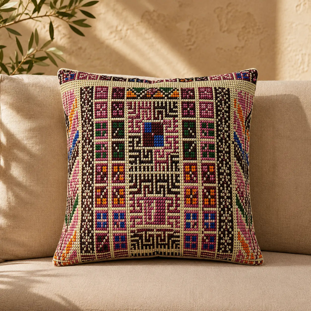 A square throw pillow with a colorful geometric embroidered pattern, resting on a beige fabric sofa in warm sunlight.