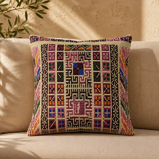 A square throw pillow with a colorful geometric embroidered pattern, resting on a beige fabric sofa in warm sunlight.
