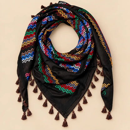 Black Palestinian Keffiyeh Scarf with colourful embroidery - Kufiya - Sumud
