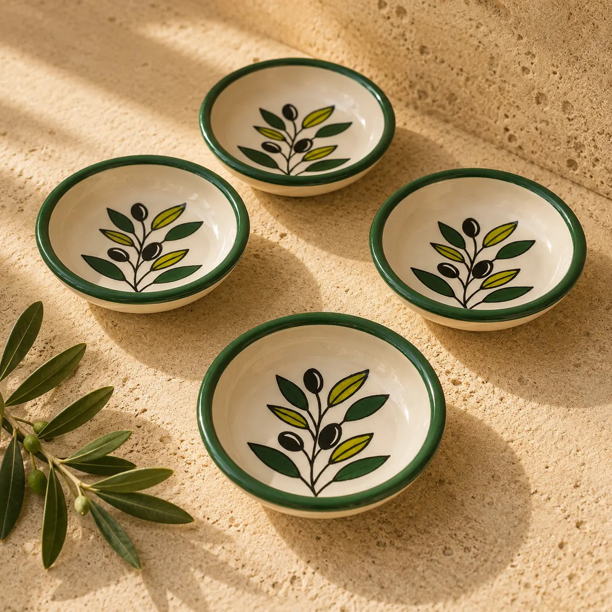 Small Ceramic Appetizer & Dessert Plate – 9 cm, Handmade Luxury Plate with Olive Branch Design