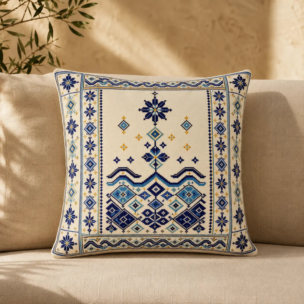 Cushion Cover Set of 2 – Palestinian Tatreez – 45 cm – Coastal Blue