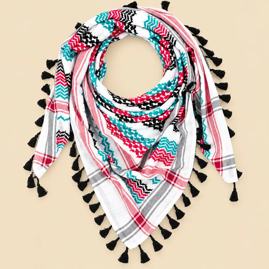 White Palestinian Keffiyeh Scarf with colorful heritage patterns - Keffiyeh - Al-Turath