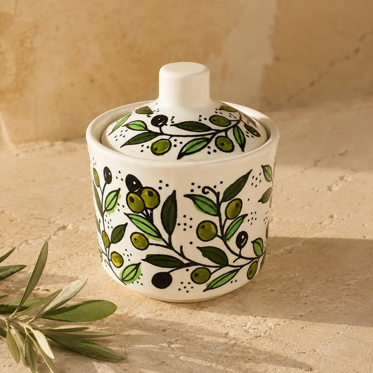 Handmade Palestinian Ceramic Sugar Bowl with Lid – Zatoun Pottery Storage Container