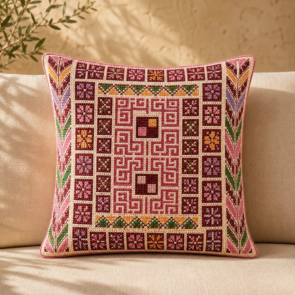 Pink Maze Palestinian Tatreez Cushion Cover 45 cm