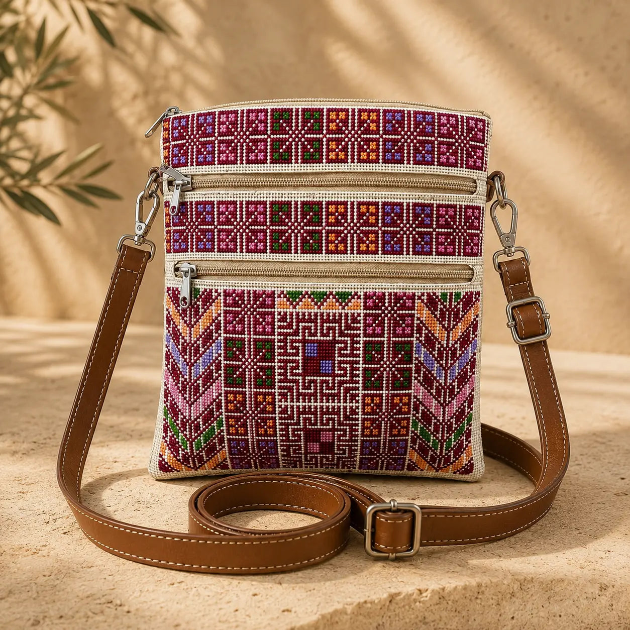 Handmade Palestinian Tatreez Crossbody Bag with Zipper Pockets