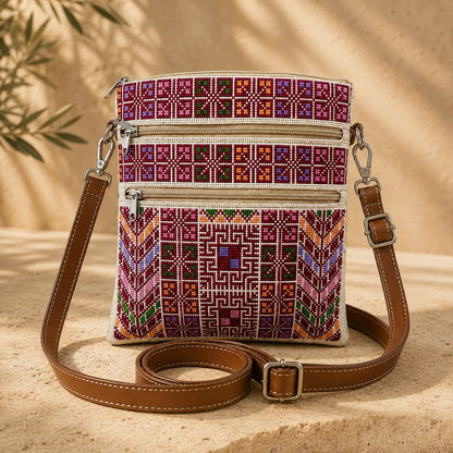 Handmade Palestinian Tatreez Crossbody Bag with Zipper Pockets