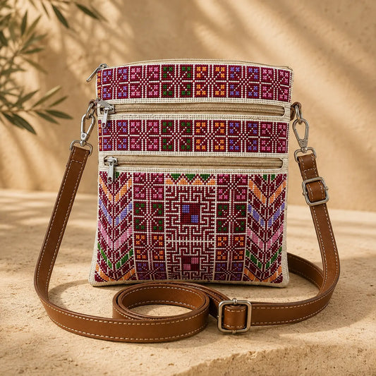 Palestinian Tatreez Crossbody Bag – Handmade with Zipper Pockets - Watany Palestinian Products