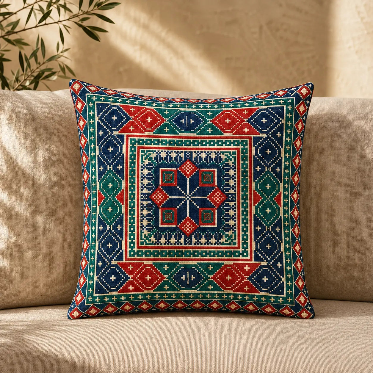Traditional Geometric Tatreez Cushion Cover 45 cm