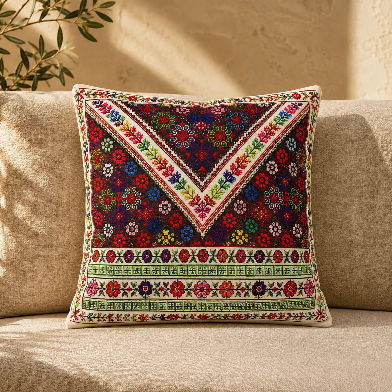 Cushion Cover Set of 2 – Palestinian Tatreez – 45 cm – Rainbow Blossom