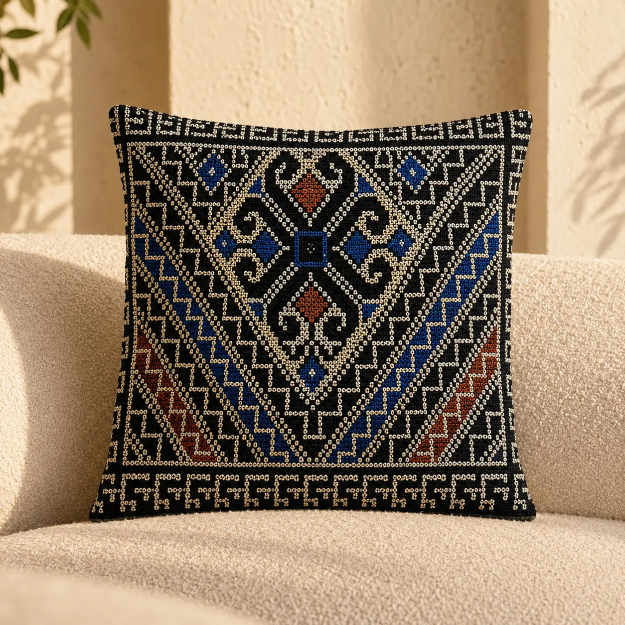 Traditional Diamond Palestinian Tatreez Cushion Cover 45 cm