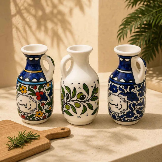 Ceramic Oil Jug ( Oil Dispenser) 15 cm (Zatoun, Colorful & Blue Floral) – Oil Pourer