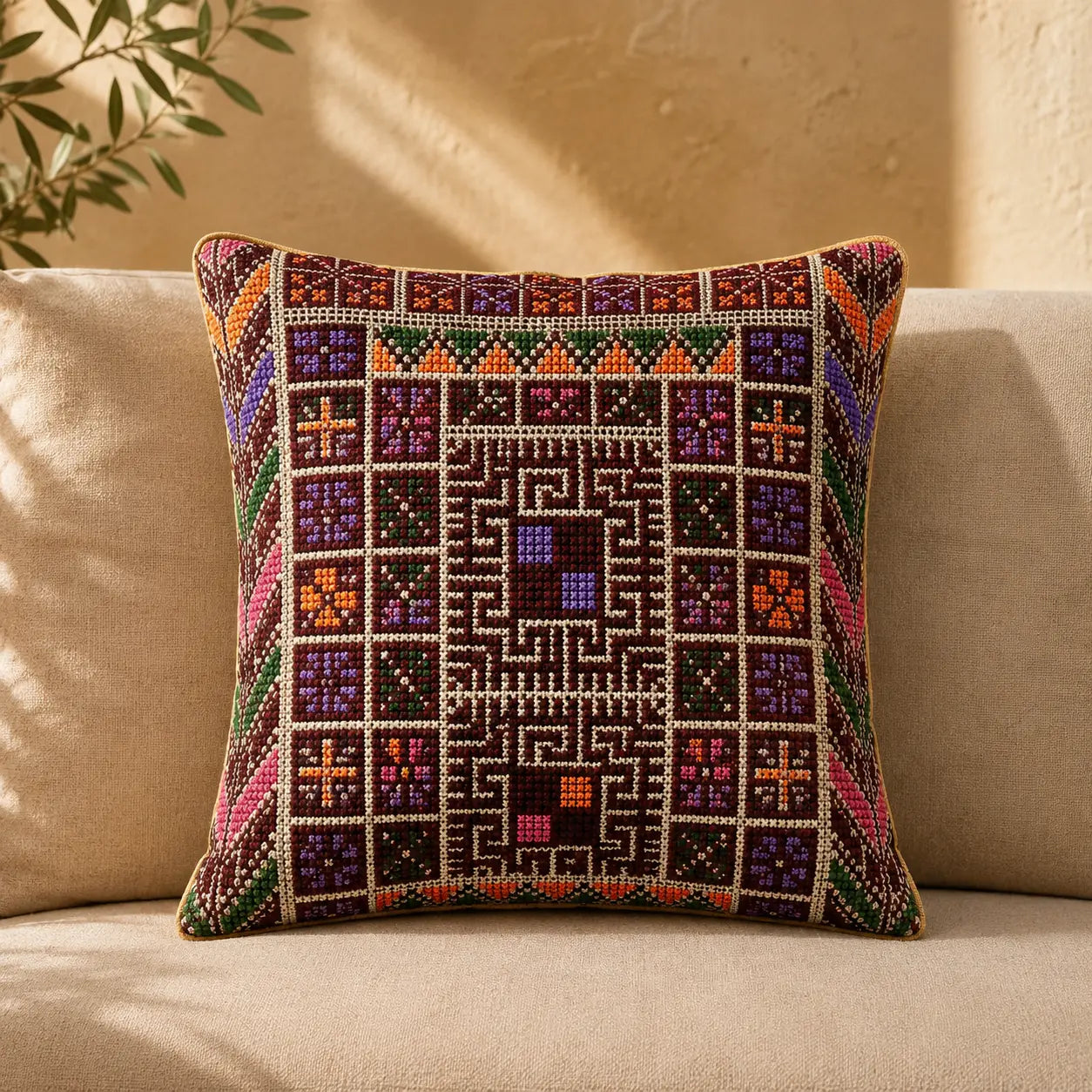 A square decorative throw pillow with an intricate geometric and tribal-style embroidered pattern in purple, orange, green, and red, resting on a beige fabric sofa.