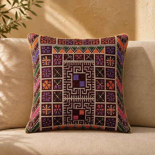 A square decorative throw pillow with an intricate geometric and tribal-style embroidered pattern in purple, orange, green, and red, resting on a beige fabric sofa.