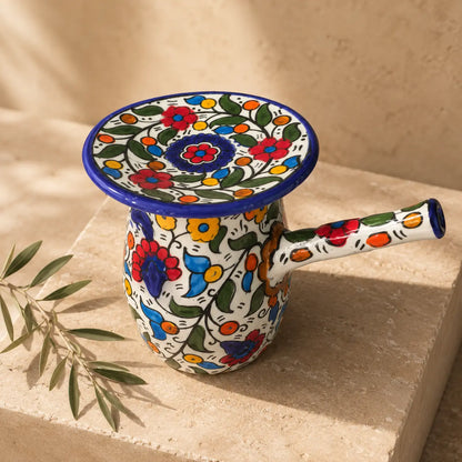 Handmade Palestinian Ceramic Coffee Pot with Lid – Traditional Arabic & Turkish Coffee Serving Pot