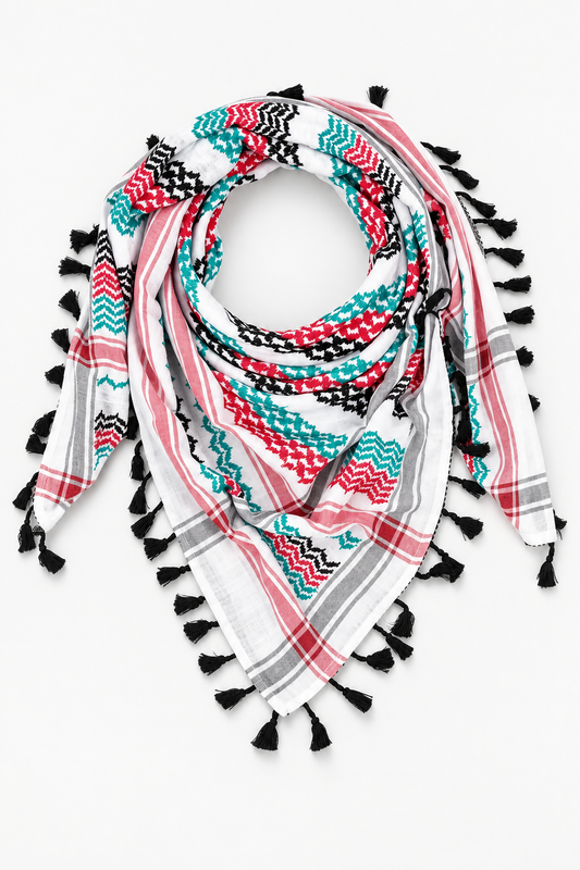 White Palestinian Keffiyeh Scarf with colorful heritage patterns - Keffiyeh - Al-Turath