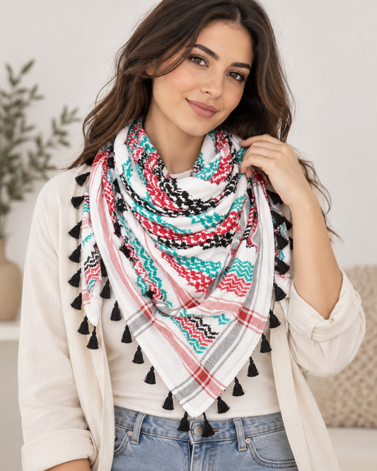 White Palestinian Keffiyeh Scarf with colorful heritage patterns - Keffiyeh - Al-Turath