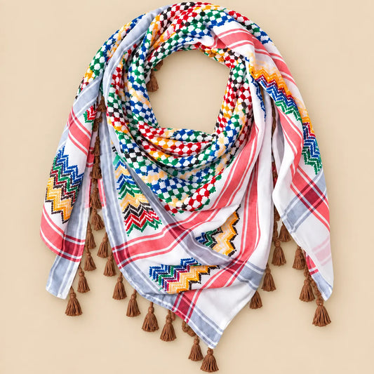 White Palestinian Keffiyeh Scraf with colourful heritage patterns - Kufiya - Al-Turath