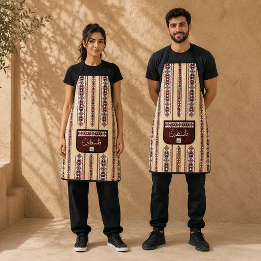 Two people wearing patterned aprons against a beige wall.