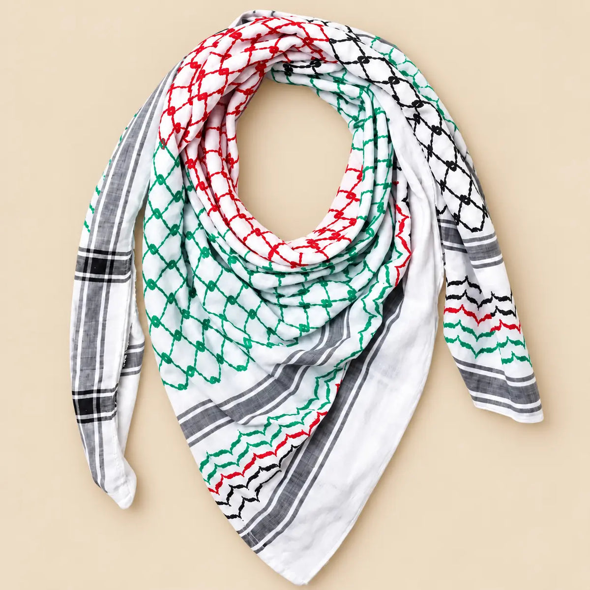 Palestinian flag-colour kufiya Scarf - Keffiyeh Scarf - Al-Watan