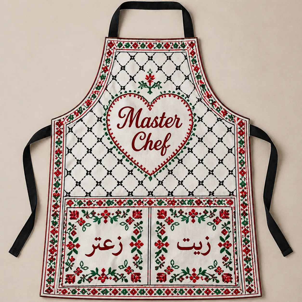 Palestinian Tatreez Apron – Kufiya Mesh with Ramallah Wardat Design