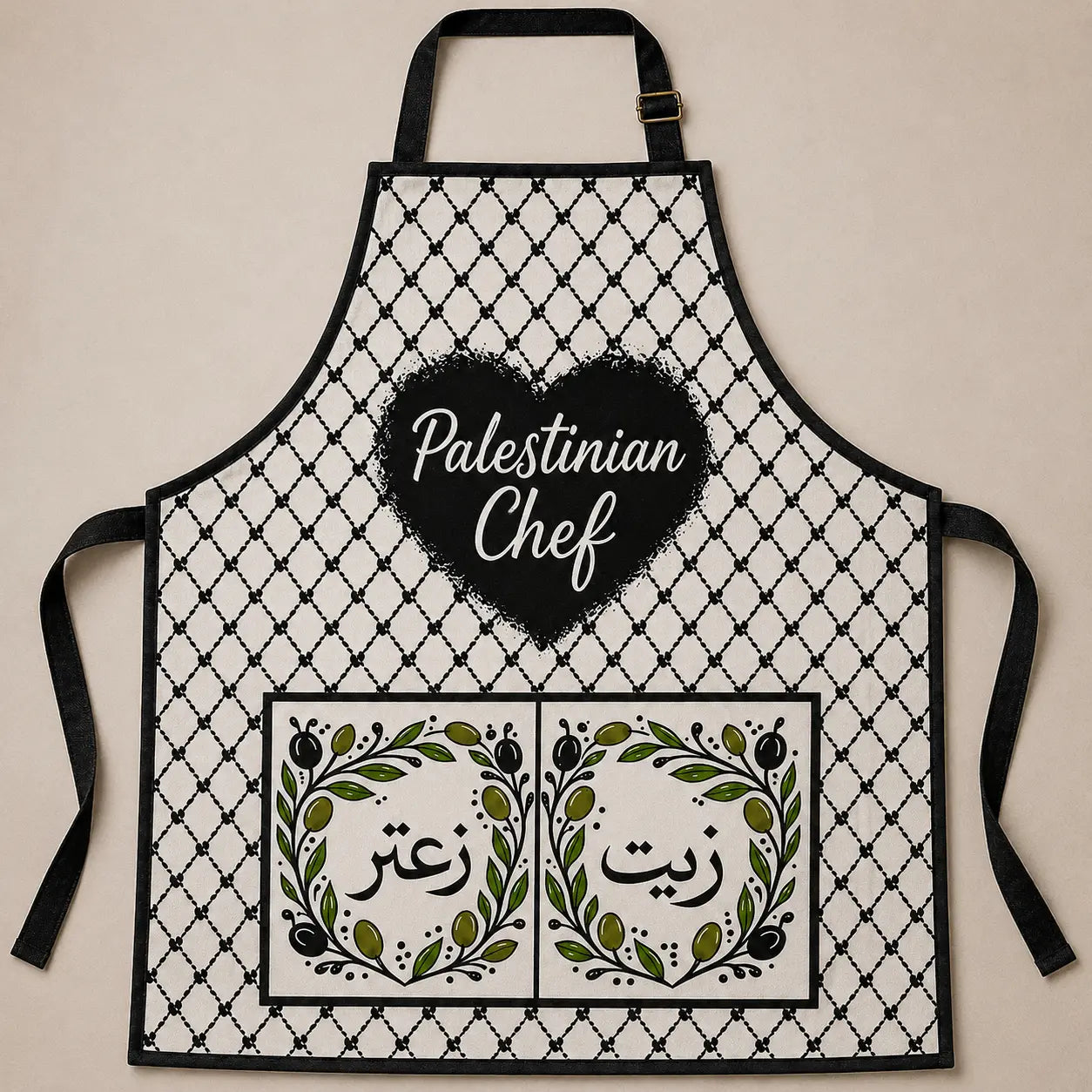 Palestinian Tatreez Chef Apron – Kufiya Olive Wreath Design.