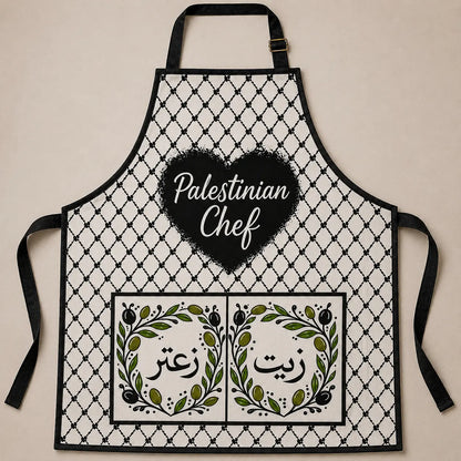 Palestinian Tatreez Chef Apron – Kufiya Olive Wreath Design.