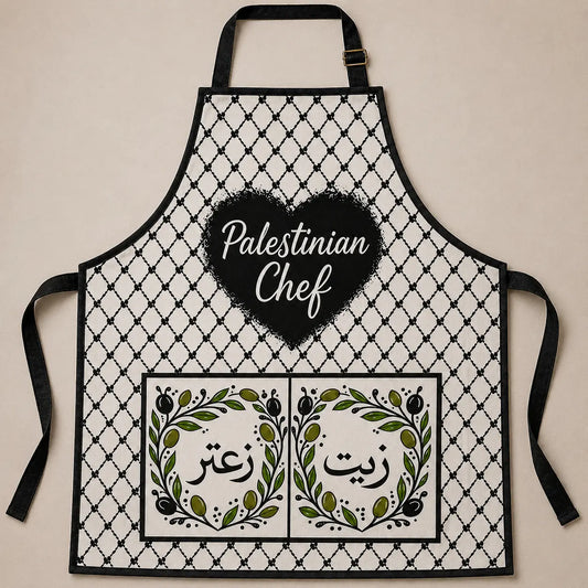 Palestinian Tatreez Chef Apron – Kufiya Olive Wreath Design.