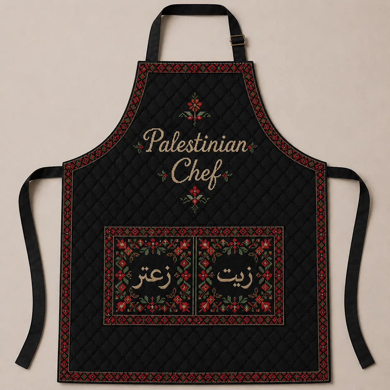 Palestinian Chef Apron – Midnight Kufiya with Qaranfil Wardat Tatreez Design