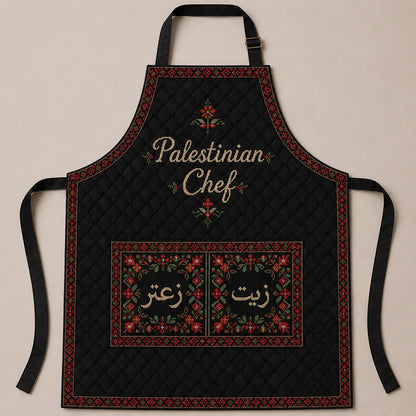 Palestinian Chef Apron – Midnight Kufiya with Qaranfil Wardat Tatreez Design