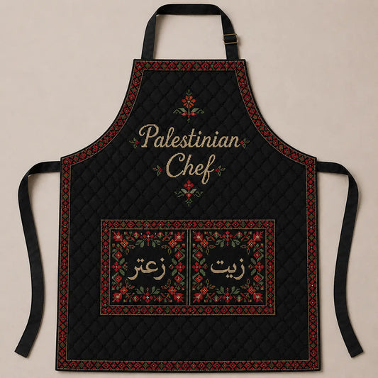 Palestinian Chef Apron – Midnight Kufiya with Qaranfil Wardat Tatreez Design