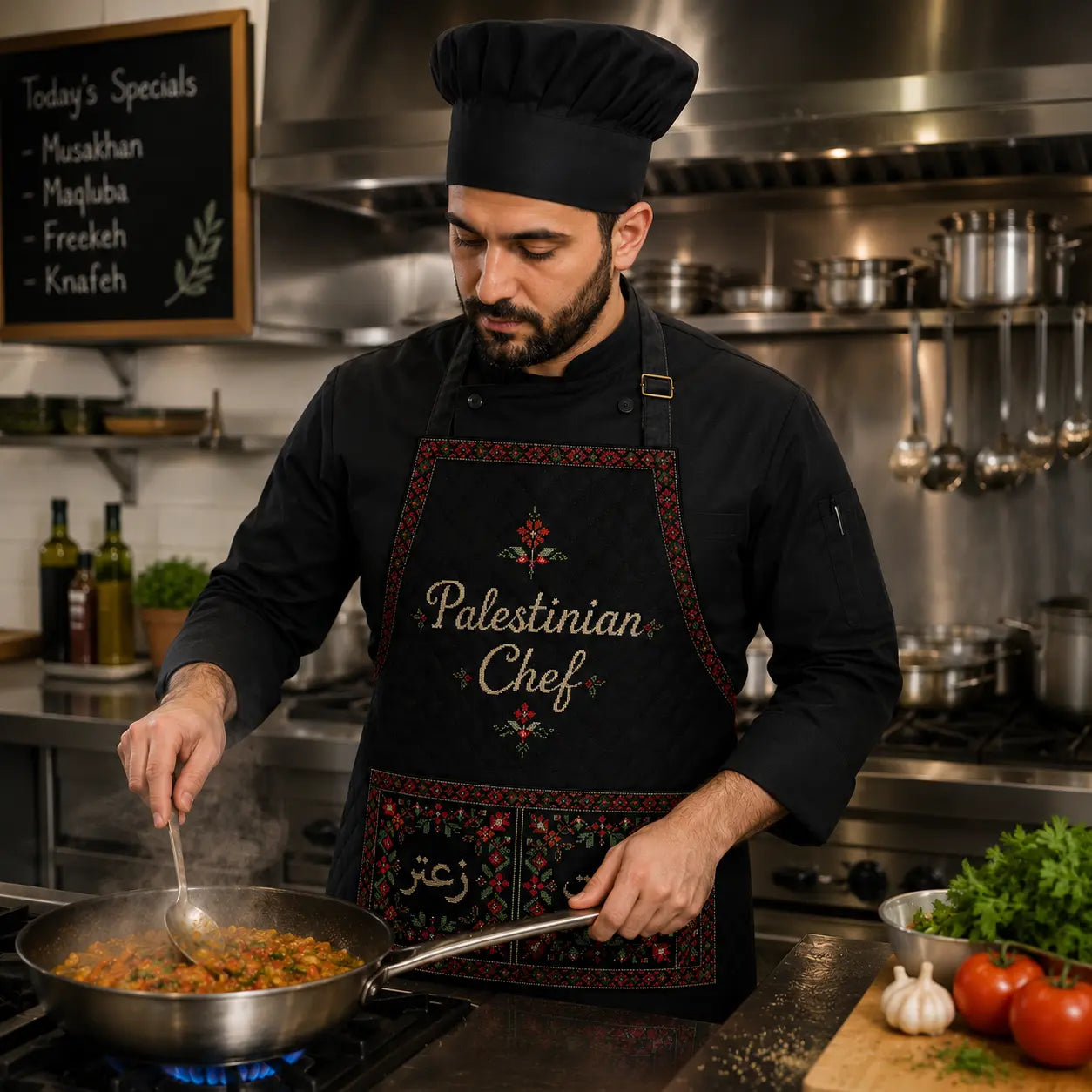 Palestinian Tatreez Apron – Yafa Orange Blossom Design.