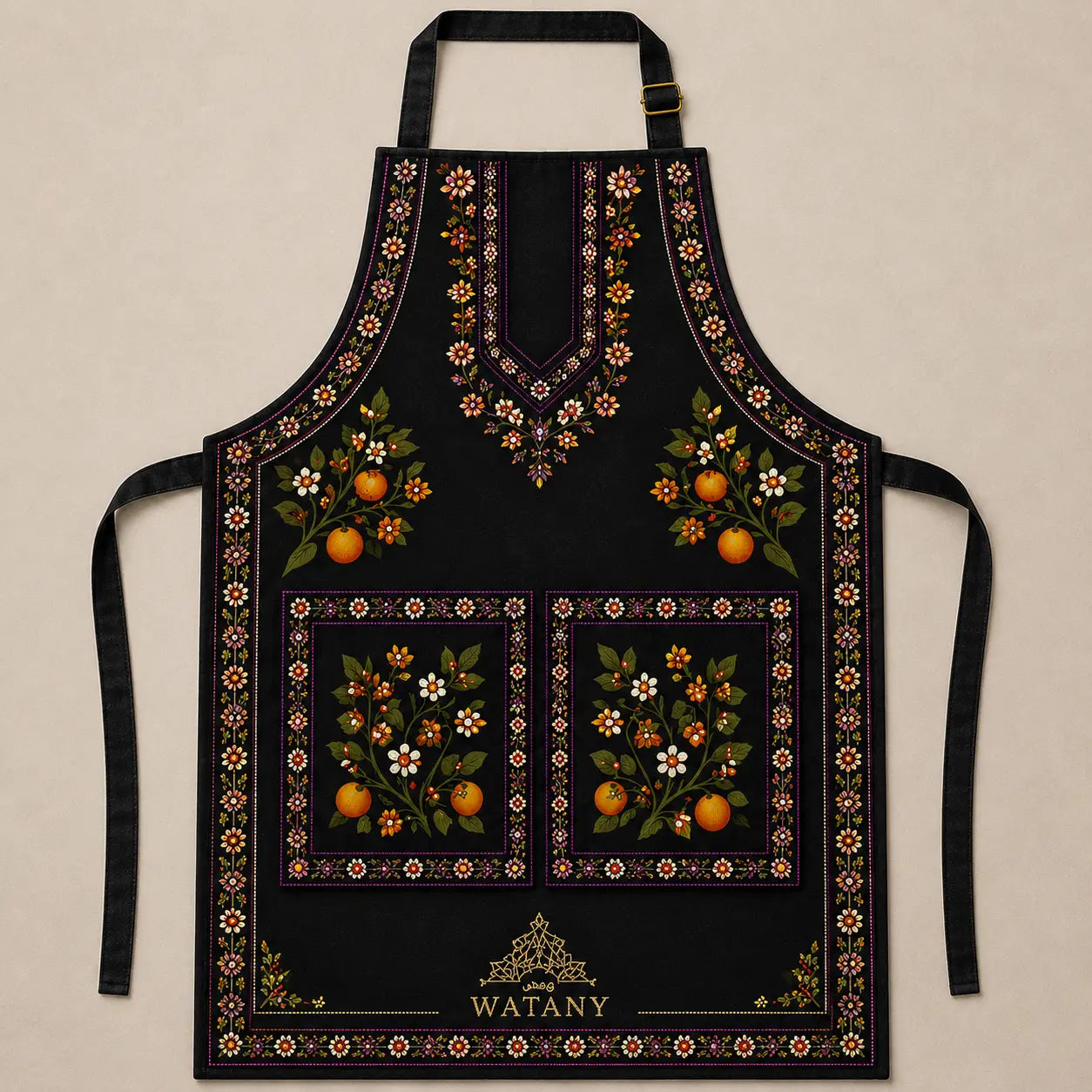 Palestinian Tatreez Apron – Yafa Orange Blossom Design