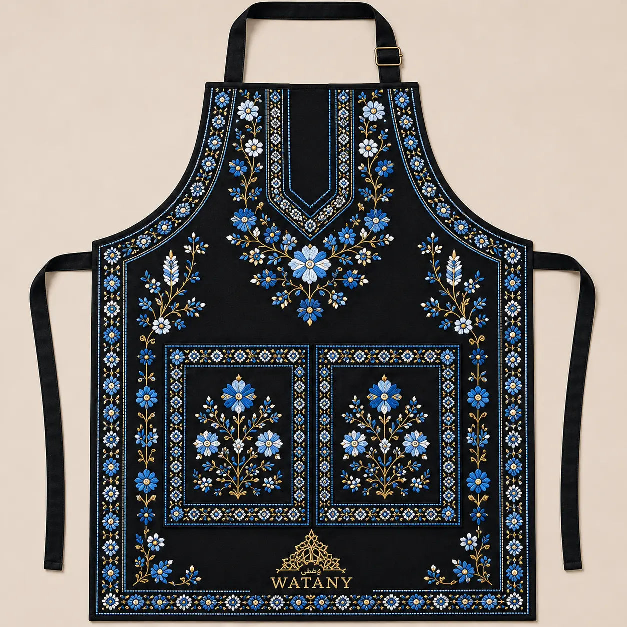 Palestinian Tatreez Apron – Ramallah Wardat Blue Floral Design