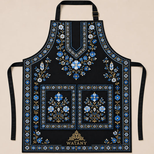Palestinian Tatreez Apron – Ramallah Wardat Blue Floral Design