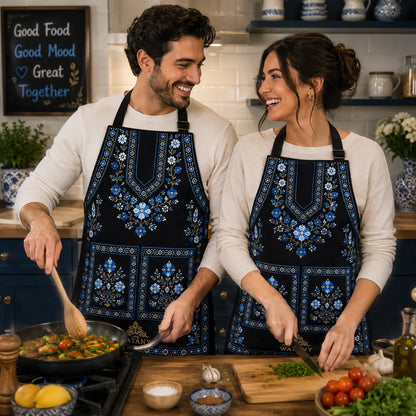 Palestinian Tatreez Apron – Ramallah Wardat Blue Floral Design