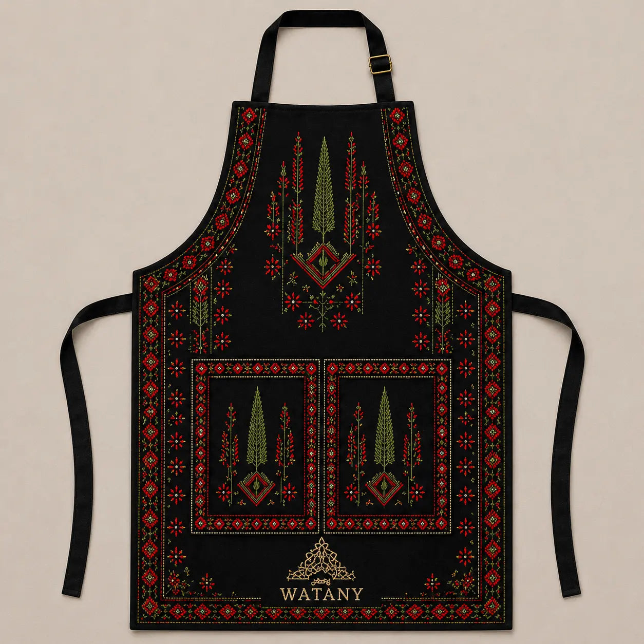 Palestinian Tatreez Apron – Gaza Cypress Design.