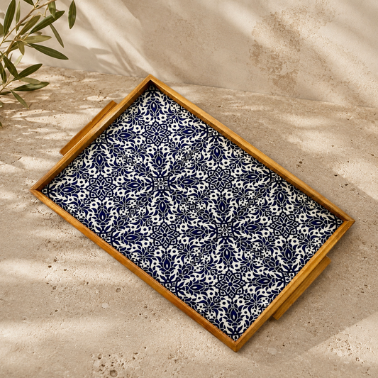 Palestinian Olive Wood & Ceramic Serving Tray 24x45cm – Handmade Tableware Decor - Watany Palestinian Products