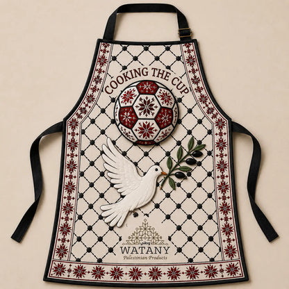 Palestinian Tatreez Apron | Cooking the Cup Heritage Kitchen Apron with Kufiya & Football Design